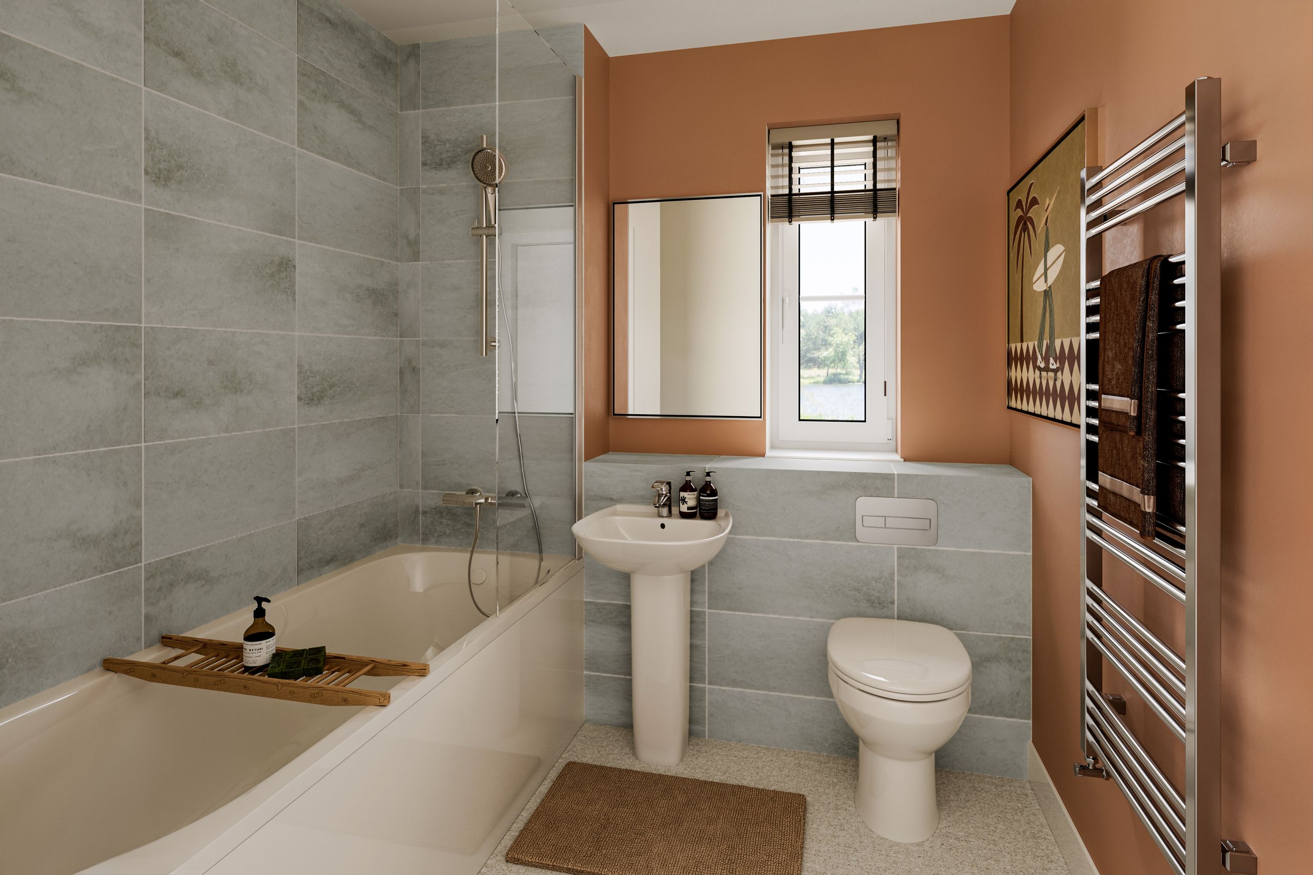 A bathroom with a bathtub, sink, toilet, and a heated towel rail.