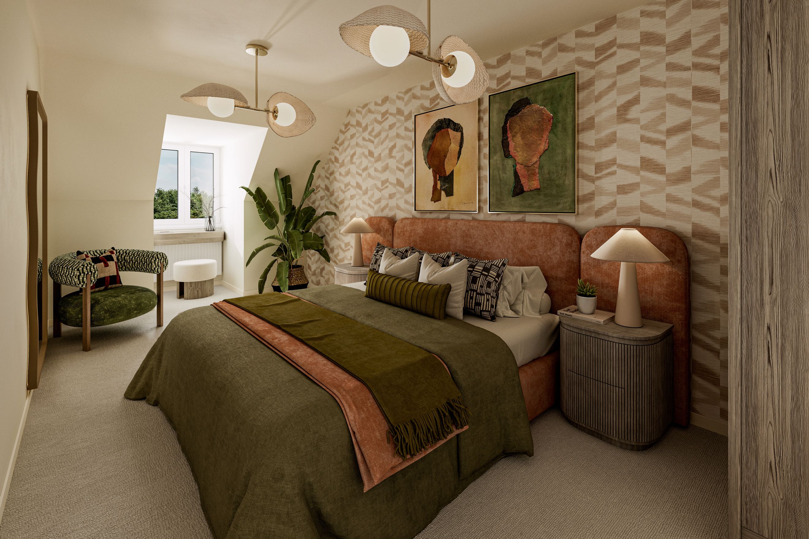 A bedroom with a bed, pillows, a headboard, and a window.