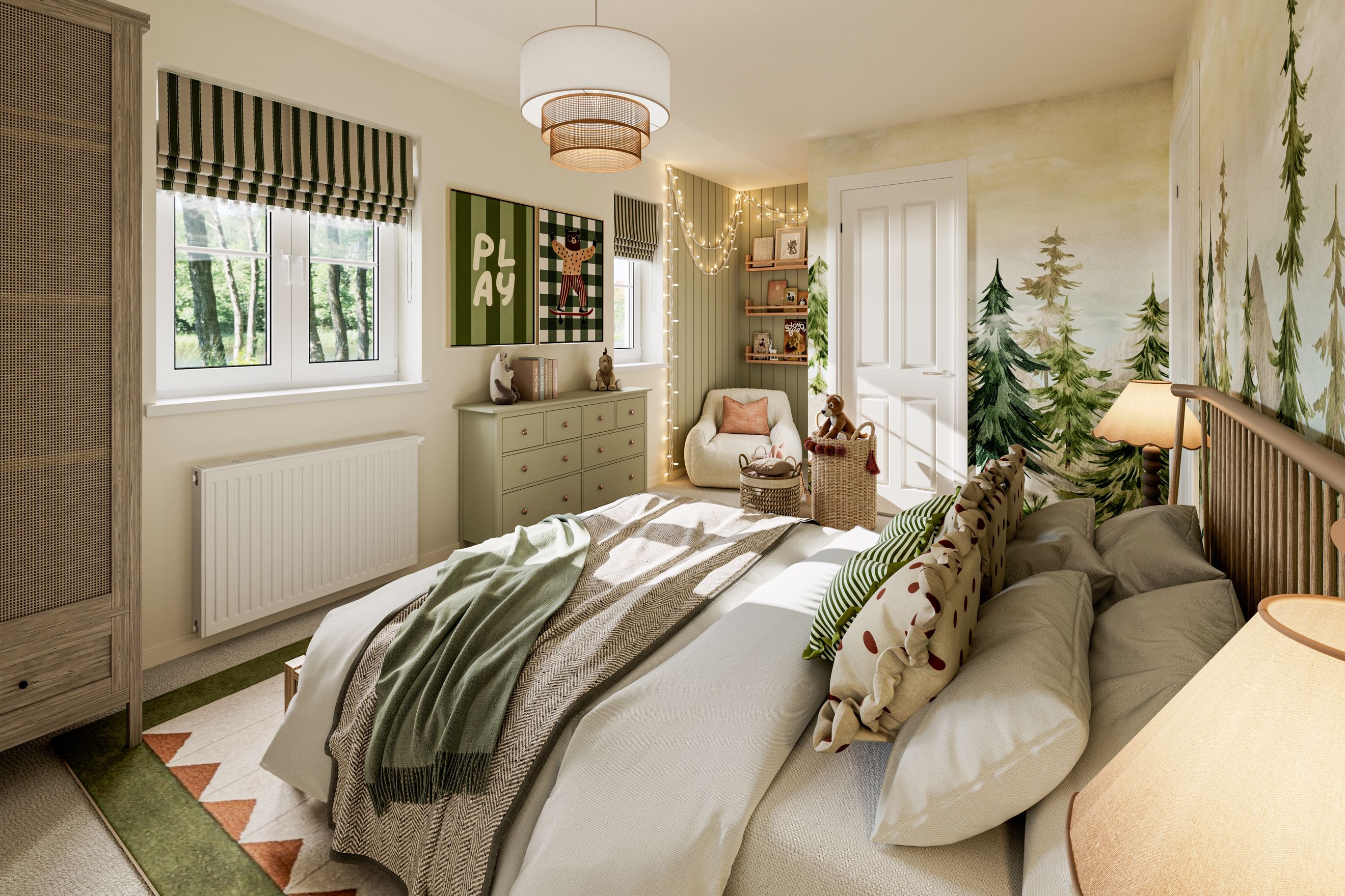 A bedroom with a bed, dresser, armchair, and forest-themed wallpaper.