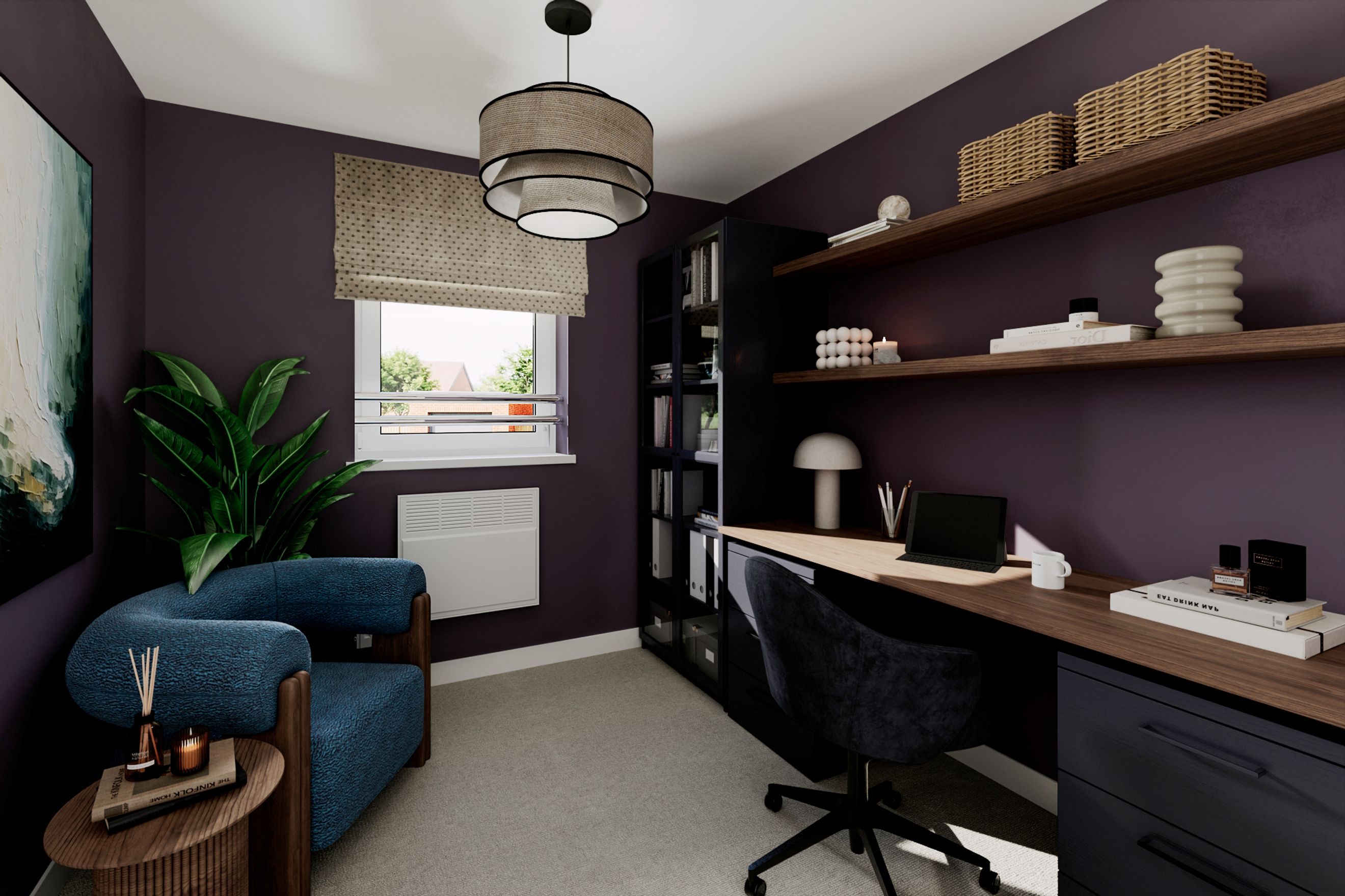 A home office with a blue armchair, a desk, and bookshelves.