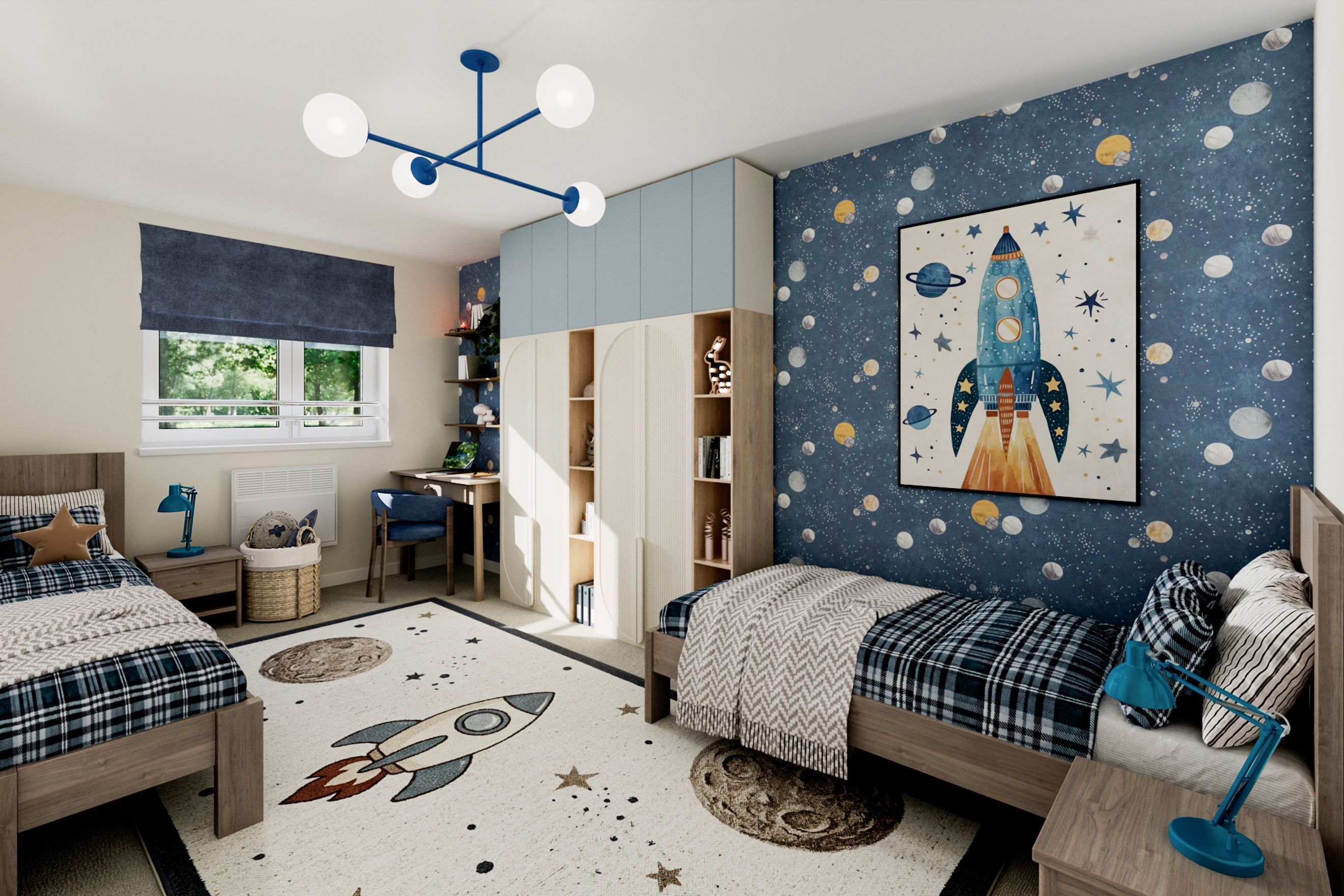 A children's bedroom with two beds, a desk, and space-themed decor.