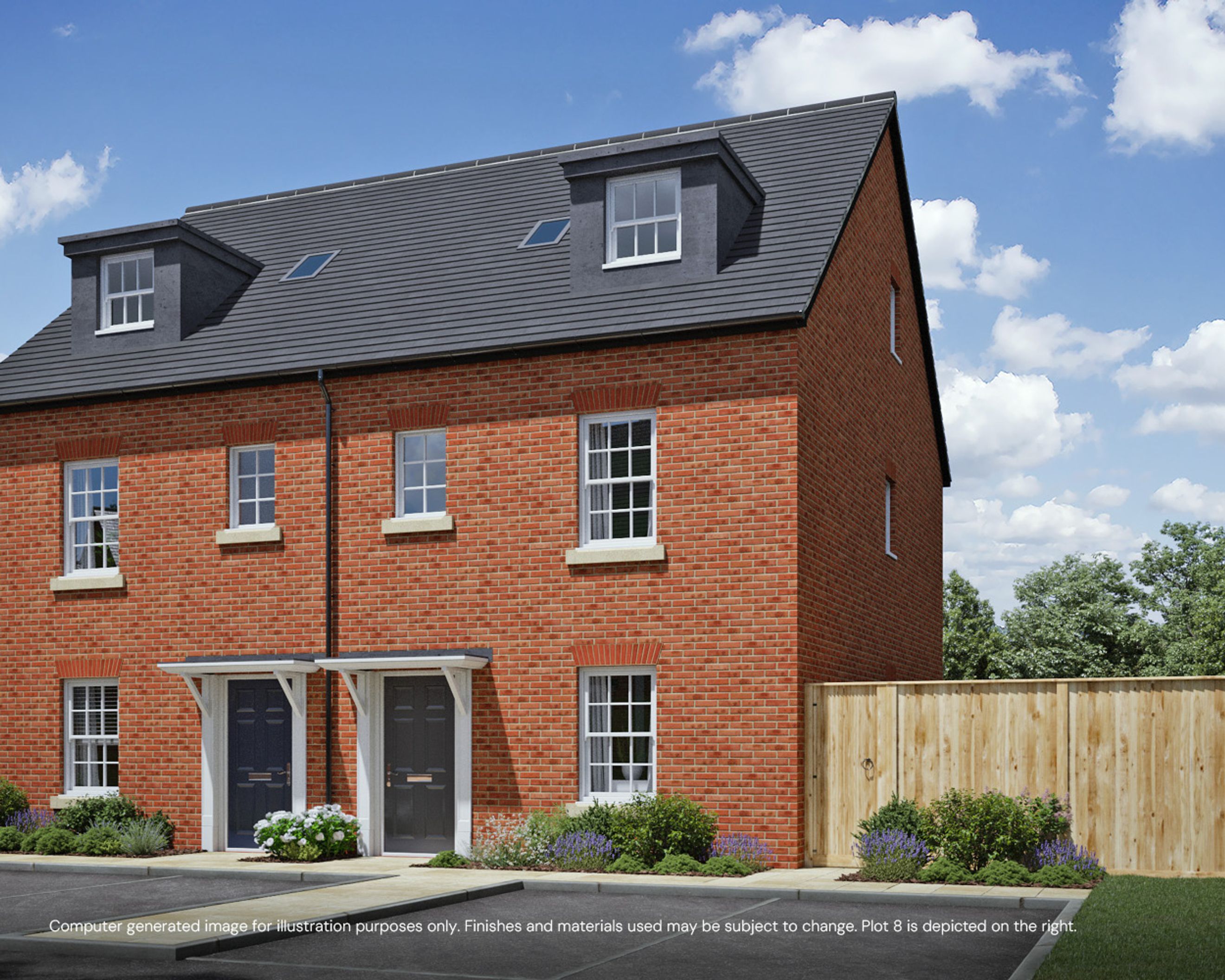 A red brick house with a grey roof and white windows under a blue sky with clouds.