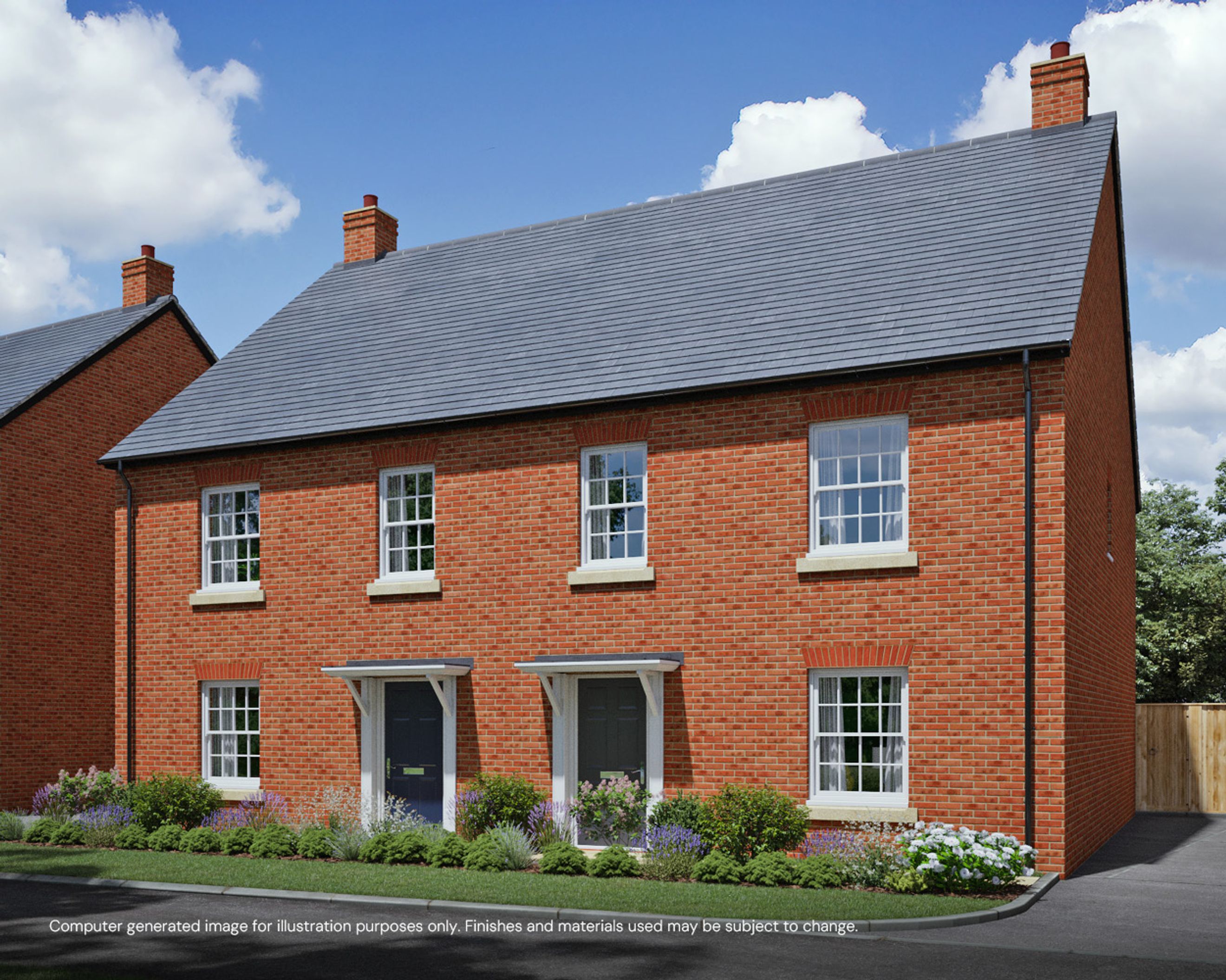 A red brick semi-detached house with white-framed windows and a grey tiled roof, set against a blue sky with clouds.
