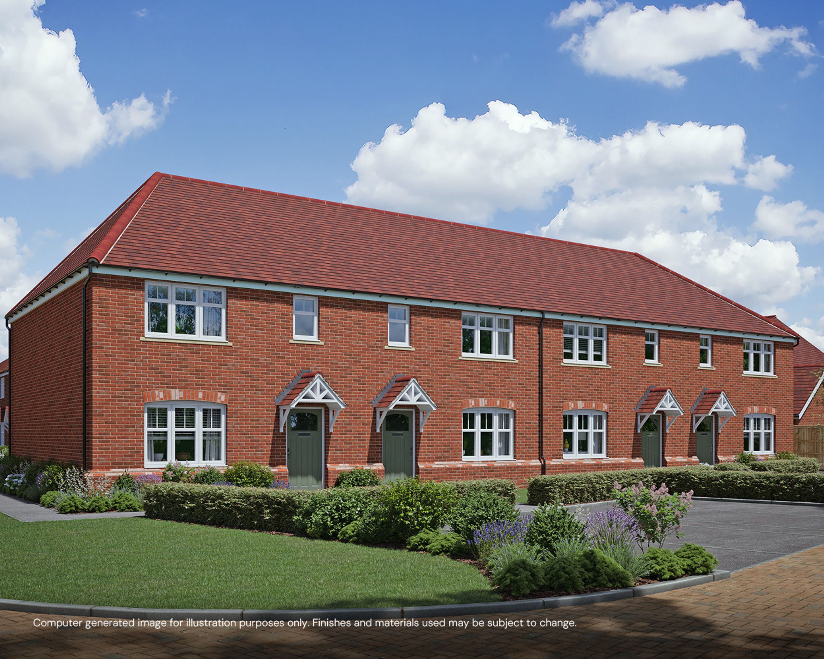 A row of brick townhouses with red tile roofs and green doors.