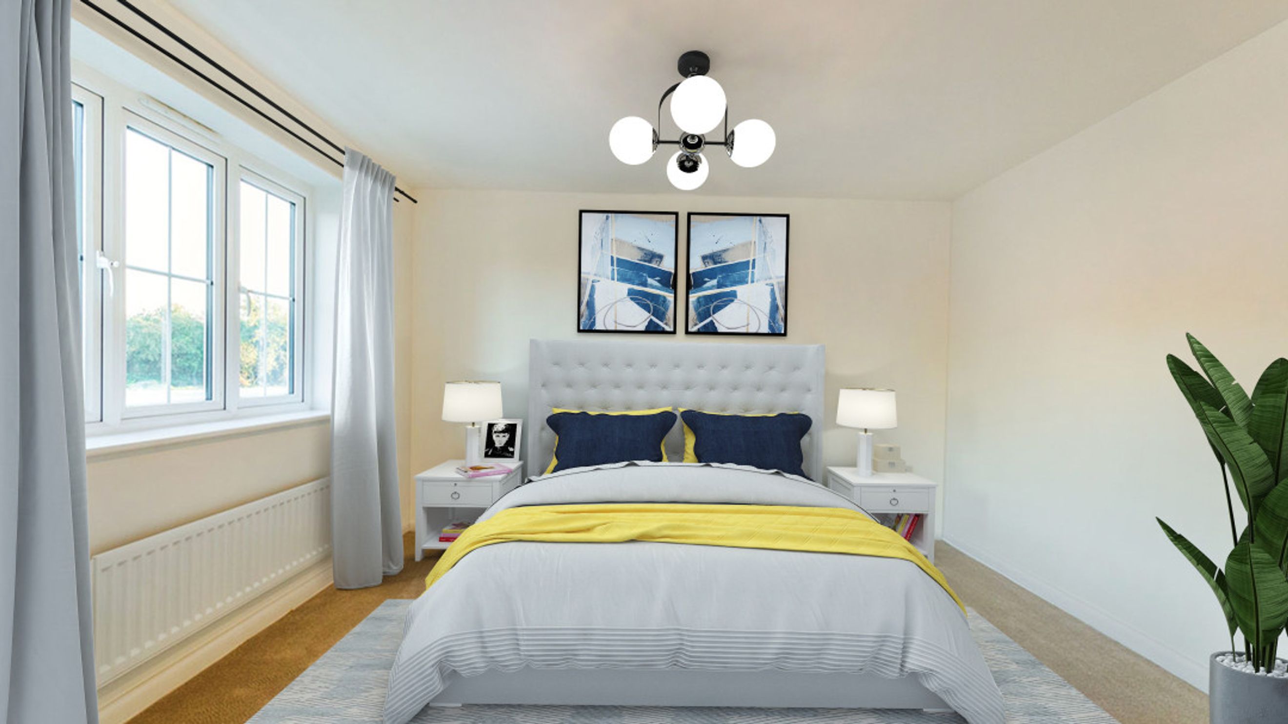 A bedroom with a bed, bedside tables, lamps, and artwork.