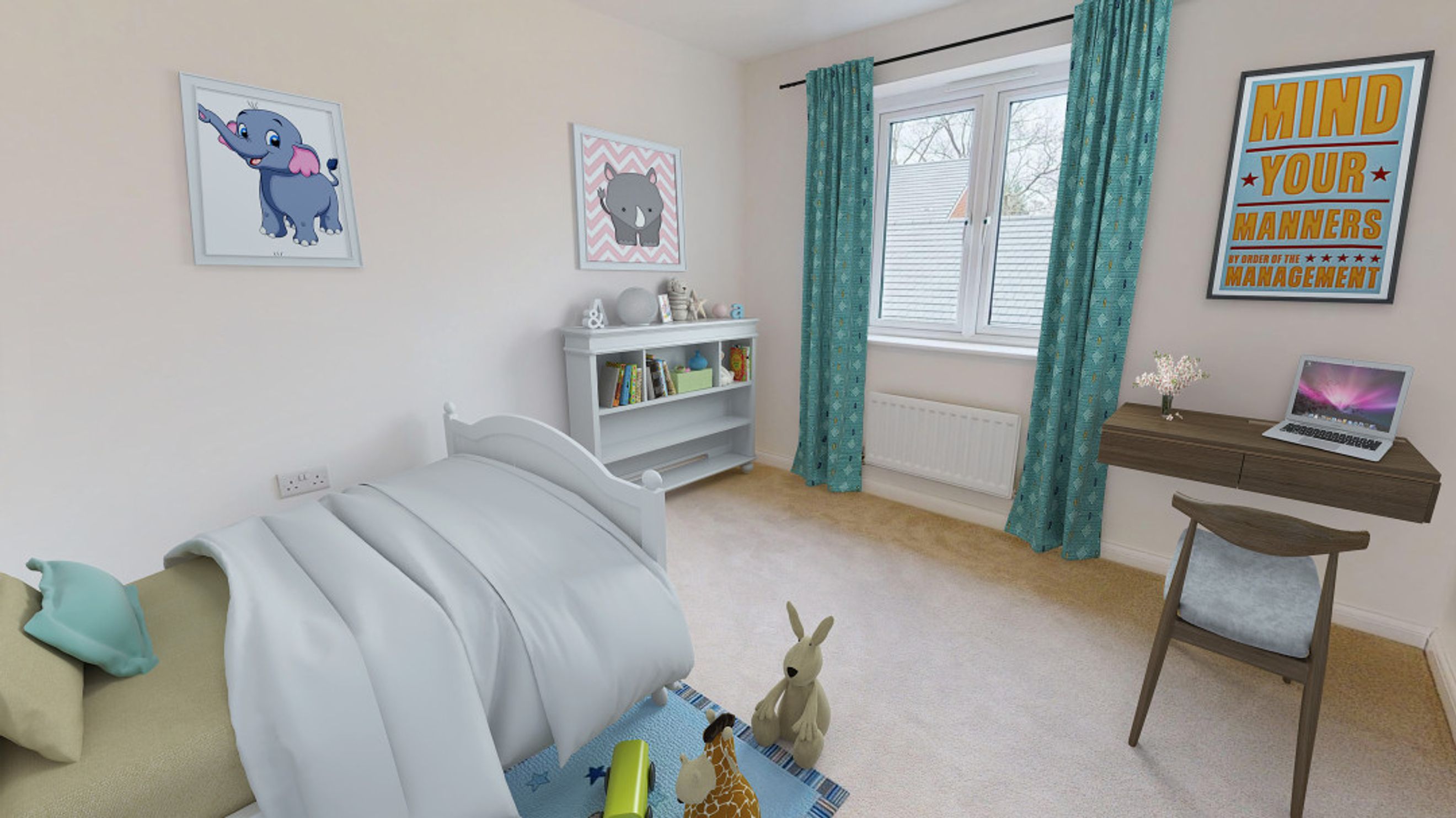 A children's bedroom with a bed, desk, bookshelf, and artwork.