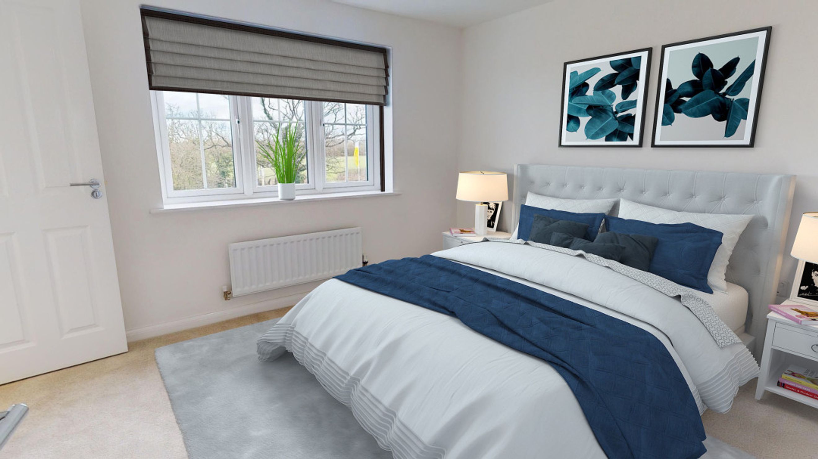 A bedroom with a bed, nightstand, window, and artwork.
