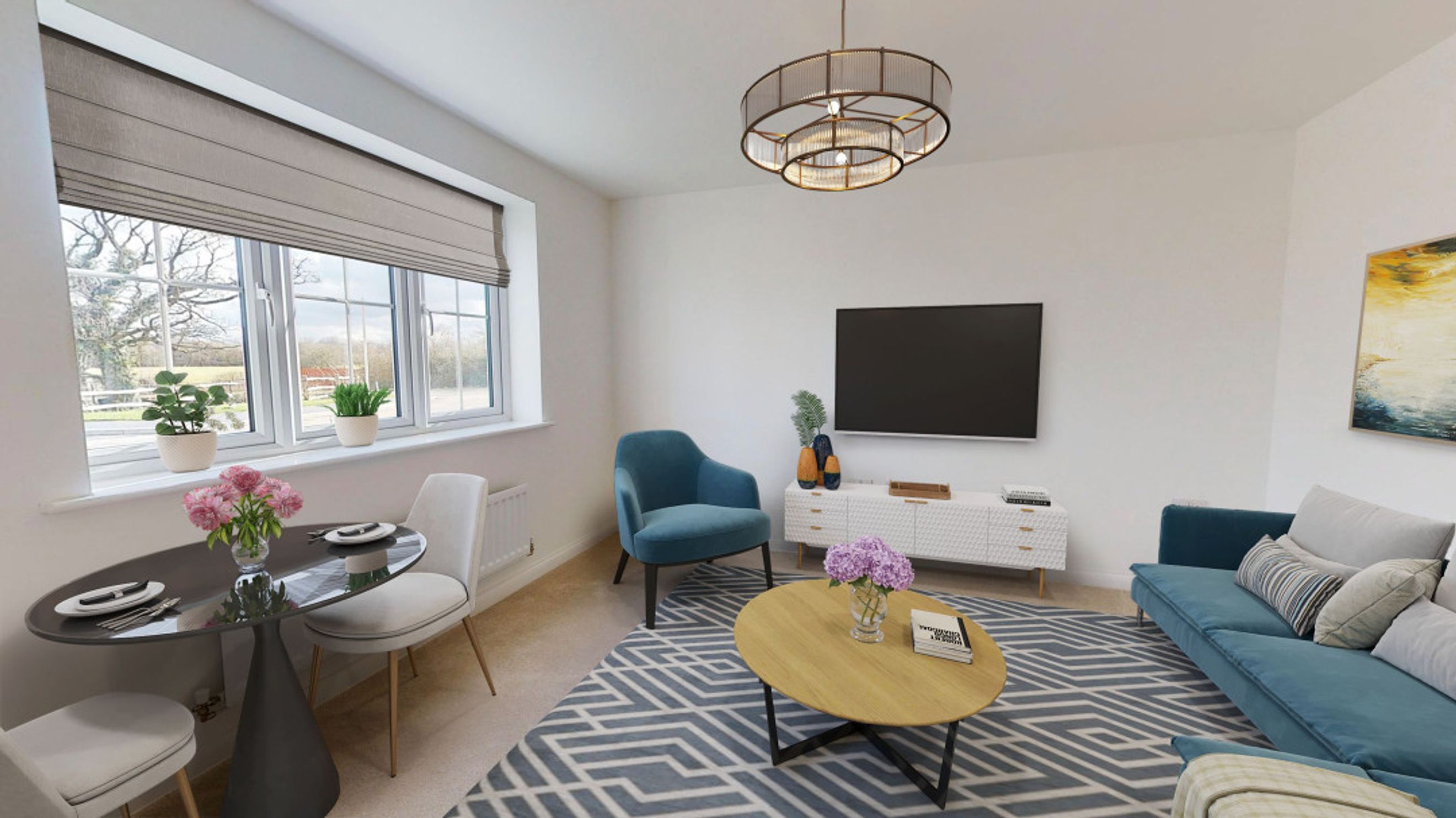 A living and dining room with a sofa, chairs, and a TV.