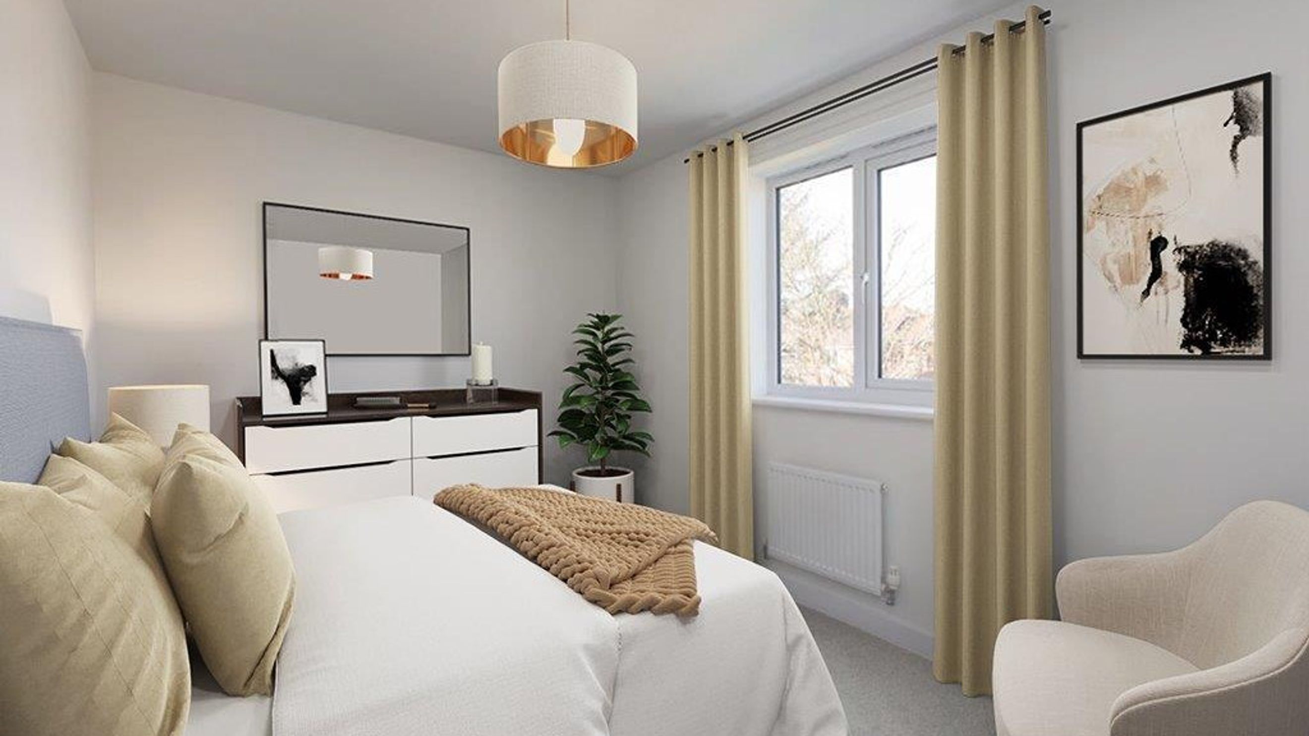 A bedroom with a bed, pillows, a throw blanket, a dresser, a mirror, a plant, a chair, and a window.