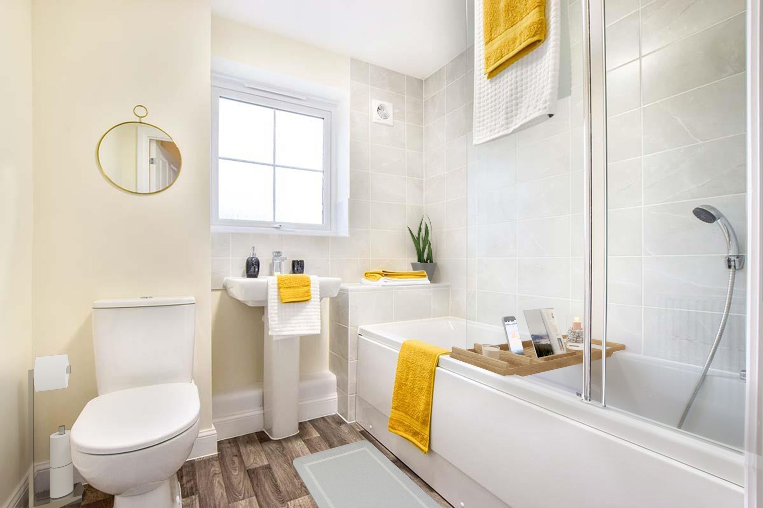 A bathroom with a toilet, sink, bathtub, and shower.