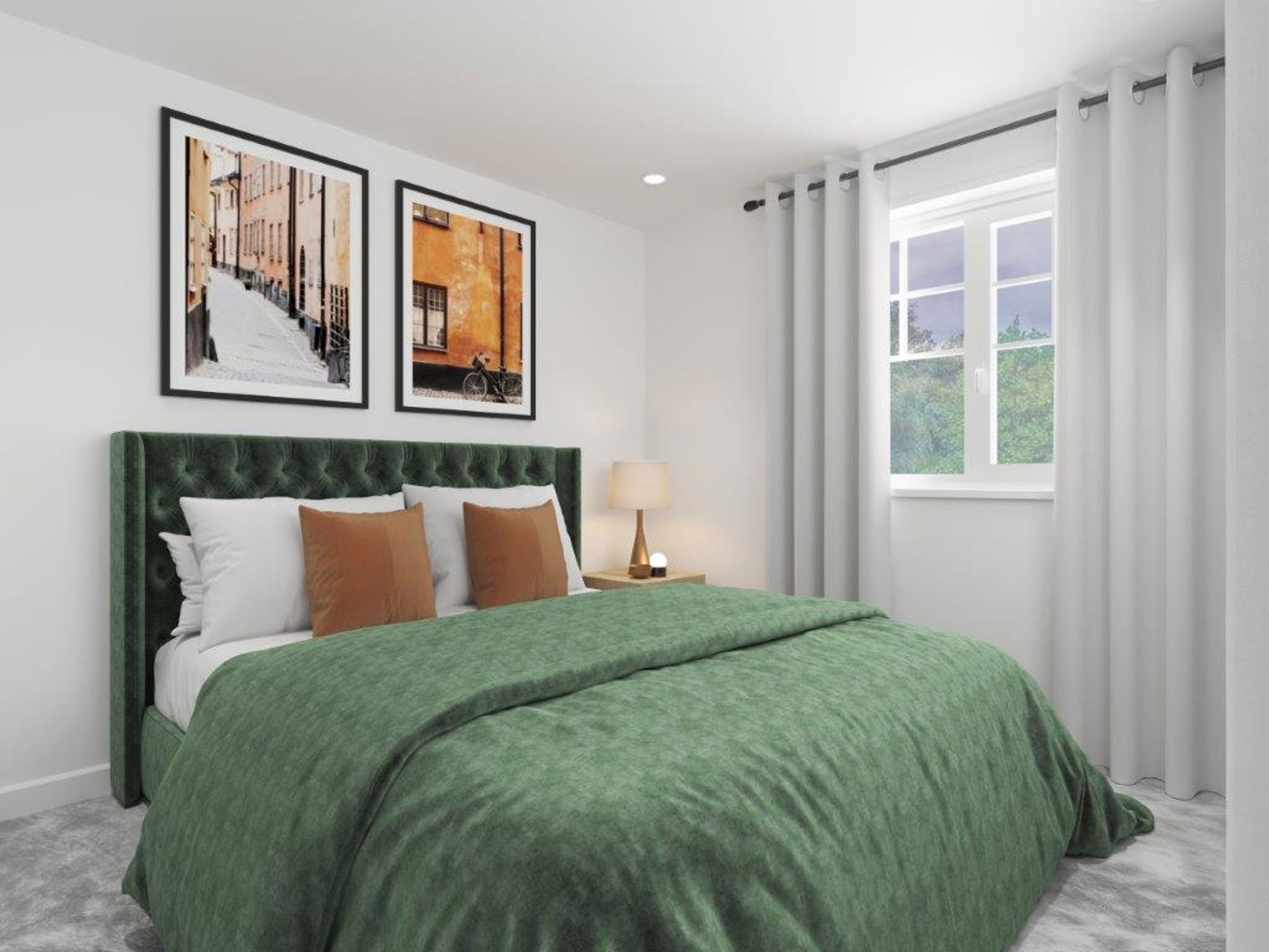 A bedroom with a bed, pillows, a headboard, and a window.