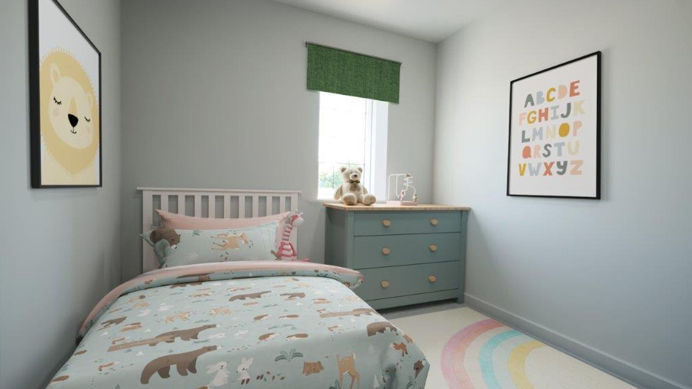 A child's bedroom with a bed, dresser, and wall art.