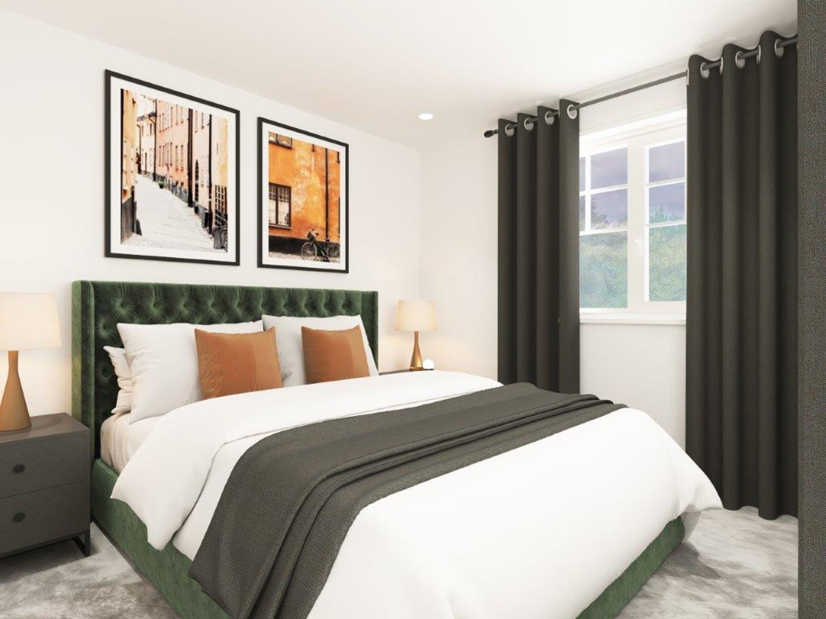 A bedroom with a bed, headboard, pillows, curtains, and artwork.