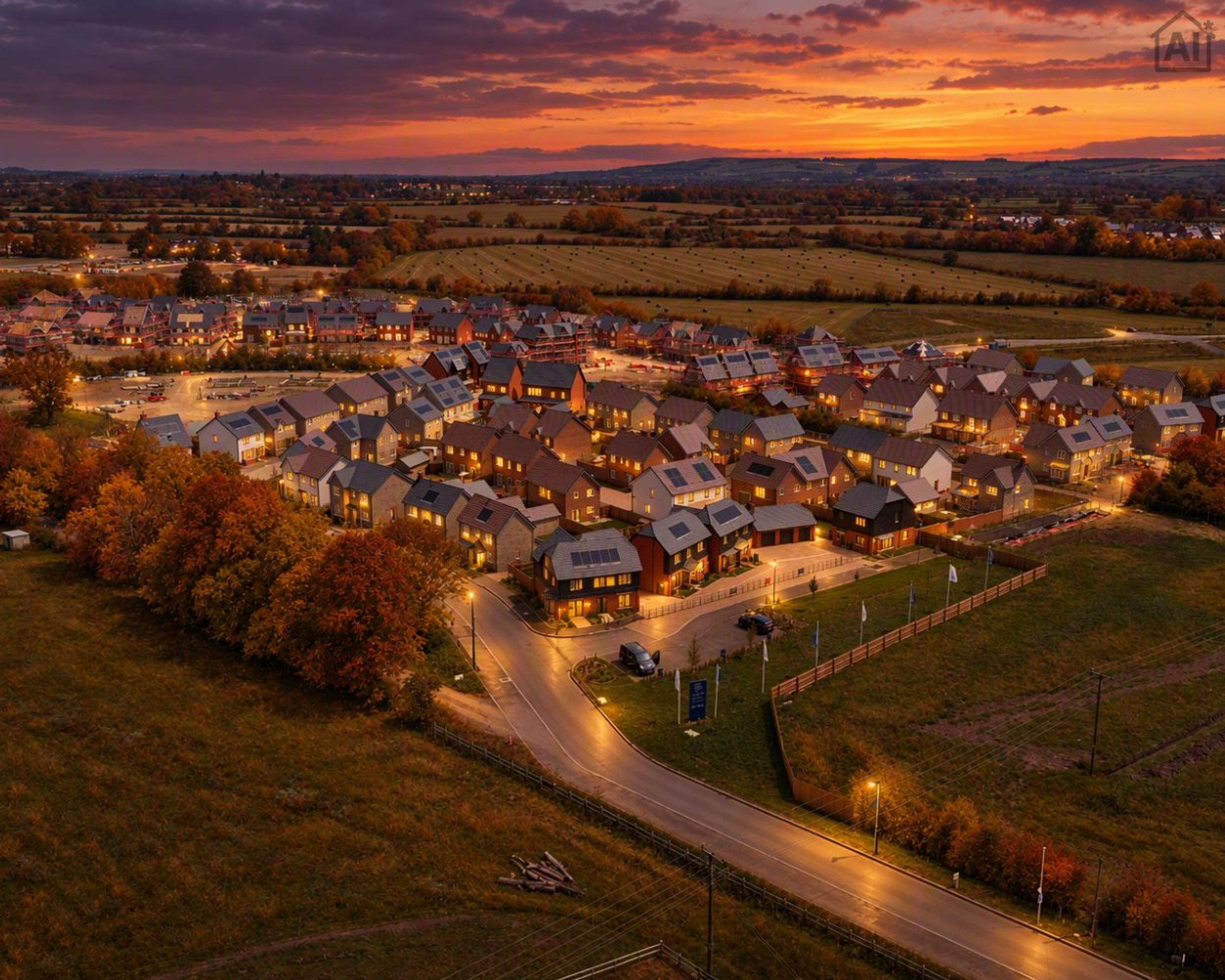 A housing development with many houses at sunset with autumn trees.