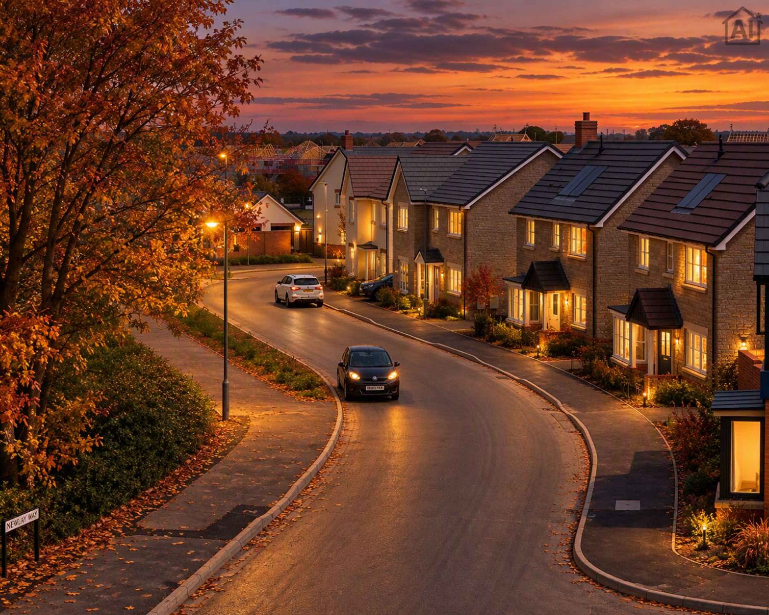 A suburban street lined with houses and trees during sunset.