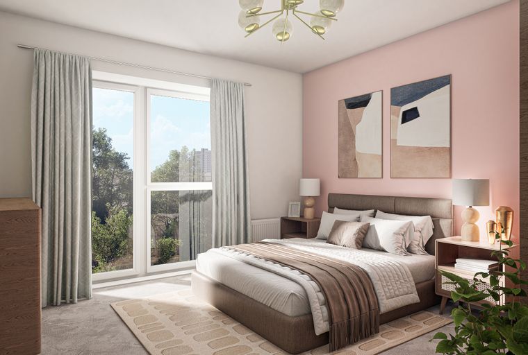 A bedroom with a bed, bedside tables, and a large window with curtains.