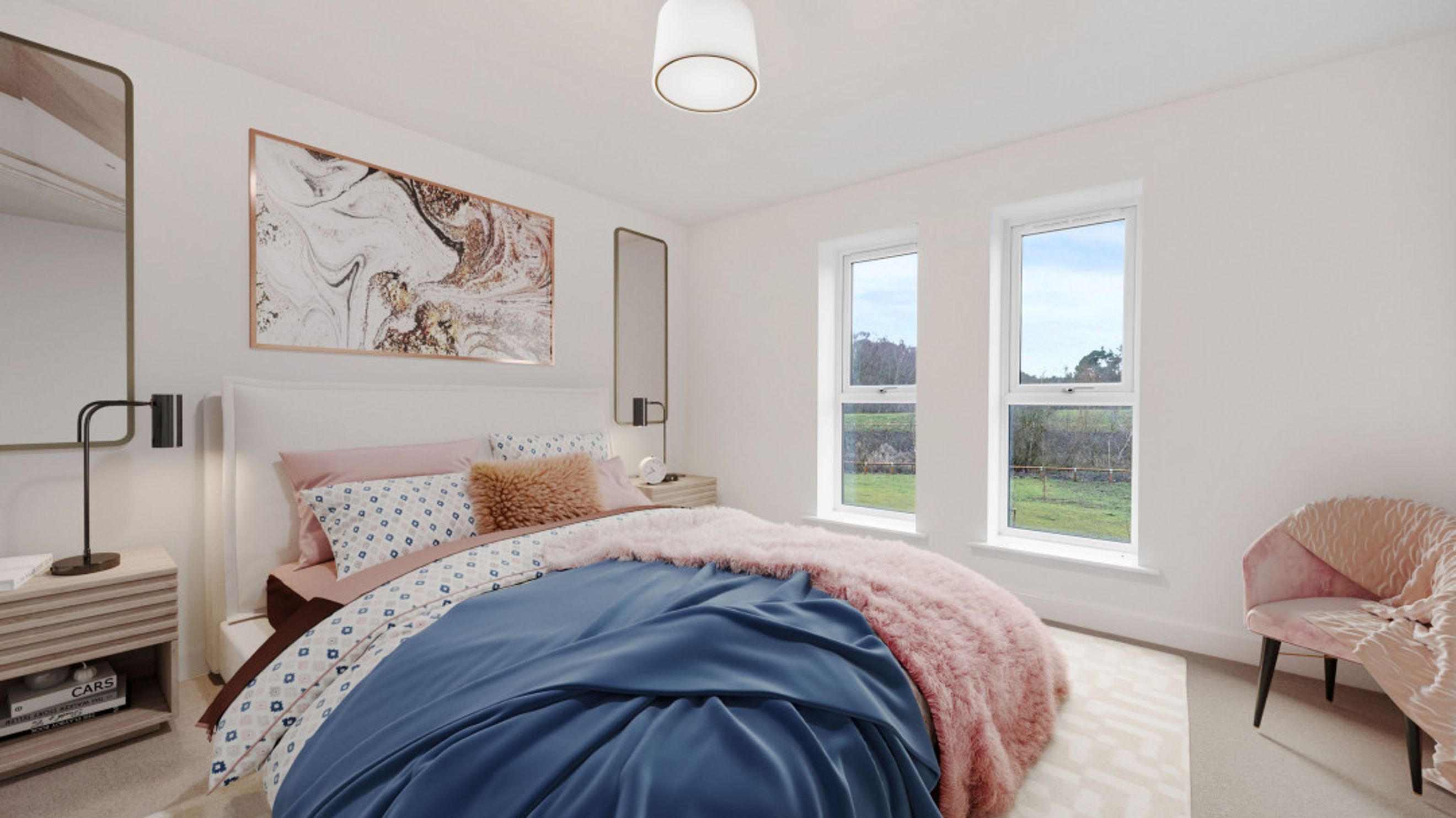 A bedroom with a bed, pillows, a throw blanket, a nightstand, a lamp, a mirror, artwork, and two windows.
