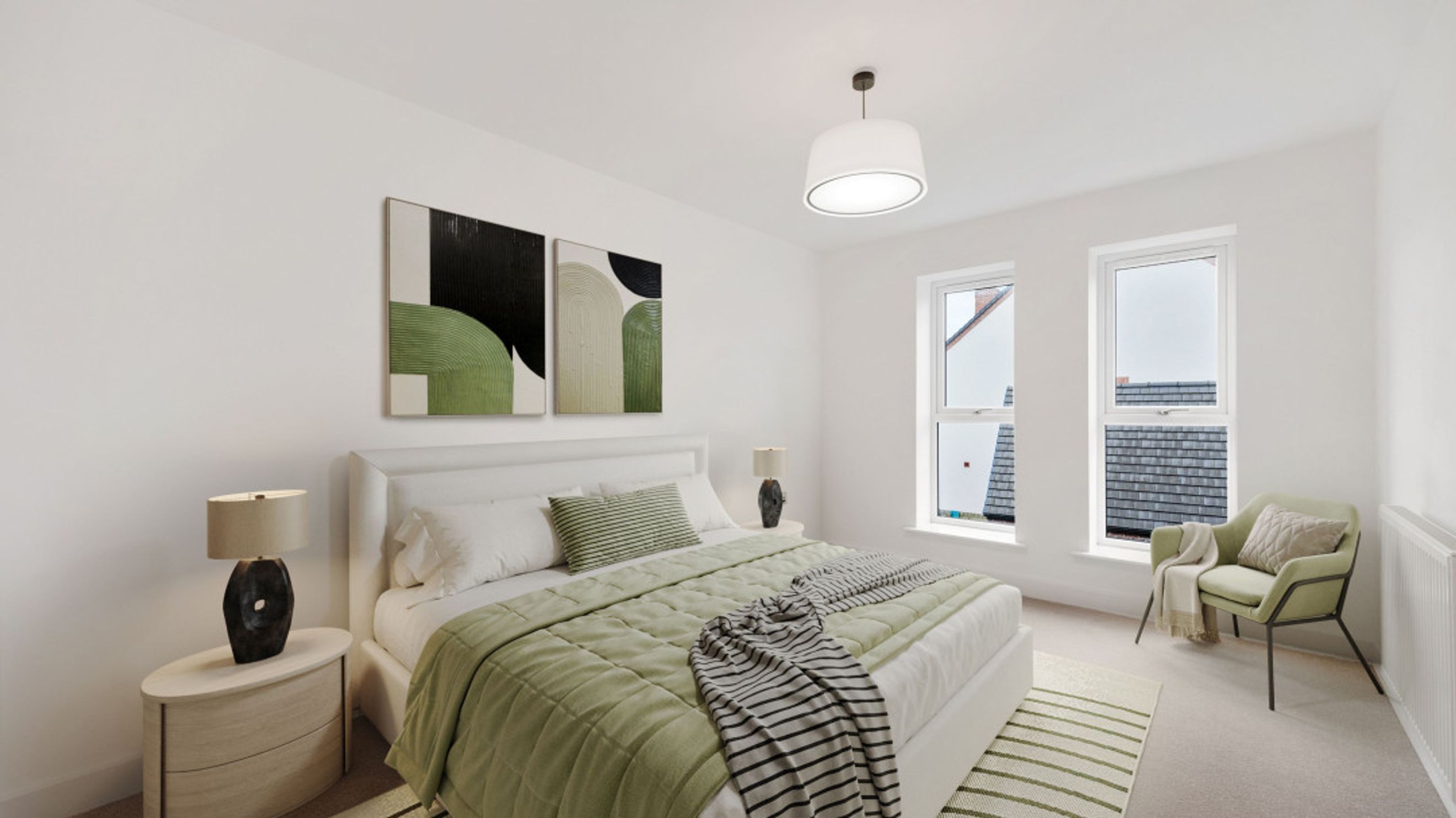 A bedroom with a bed, two nightstands, two lamps, two windows, and a chair.