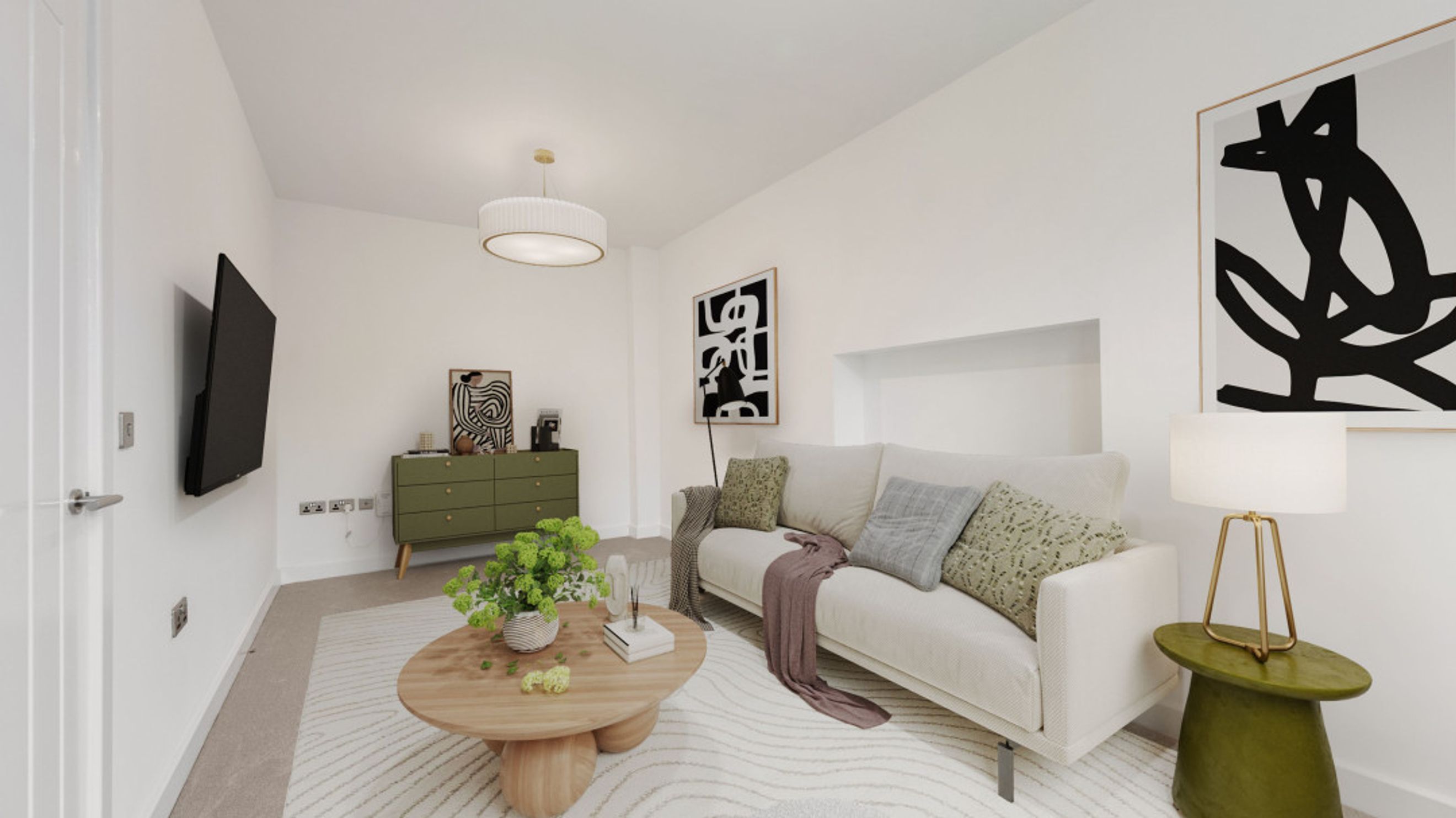 A living room with a sofa, coffee table, dresser, and artwork.