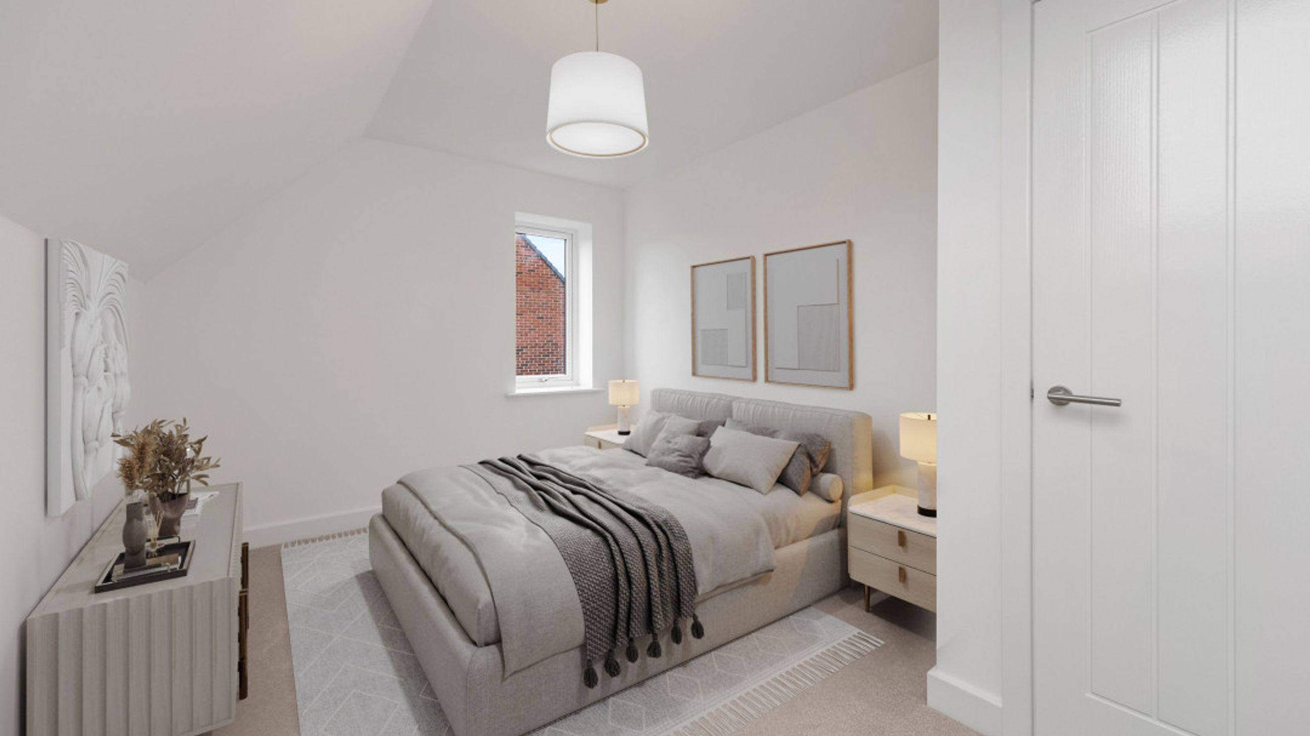 A bedroom with a bed, bedside tables, a window, and a door.