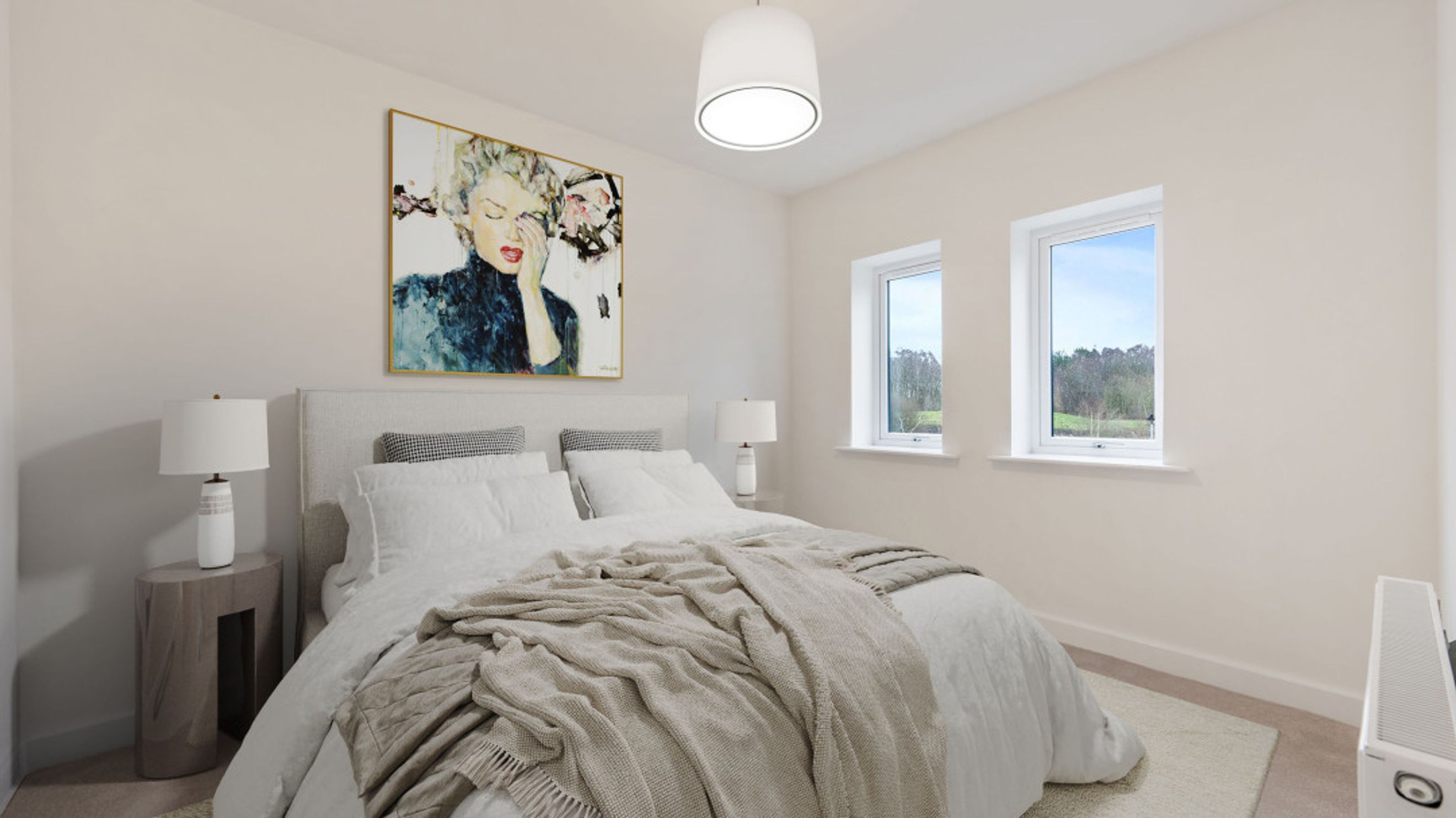 A bedroom with a bed, two windows, and a painting on the wall.