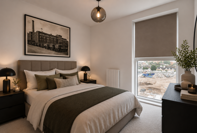 A bedroom with a bed, bedside tables, lamps, a large framed picture, and a window with a view.