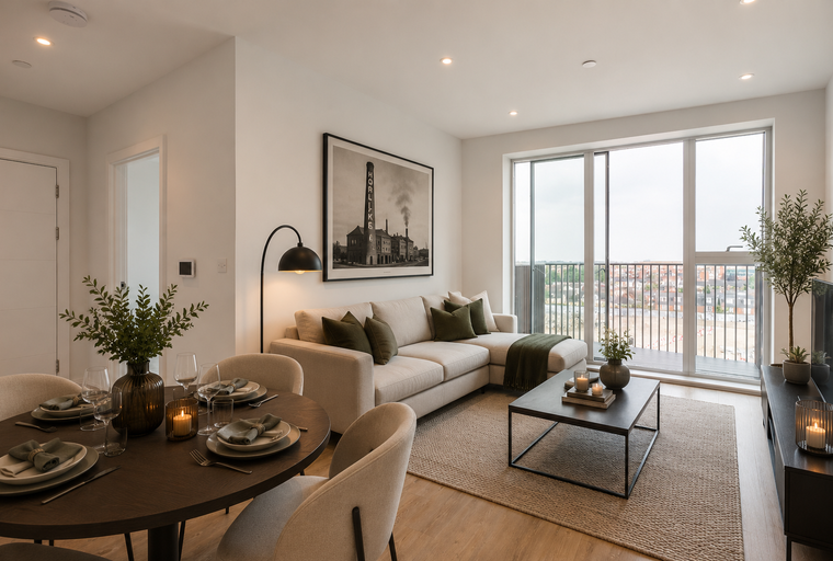 A living and dining area with a sectional sofa, dining table, and large windows.