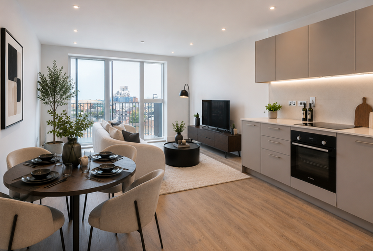 A living room and kitchen area with a dining table, sofa, and television.
