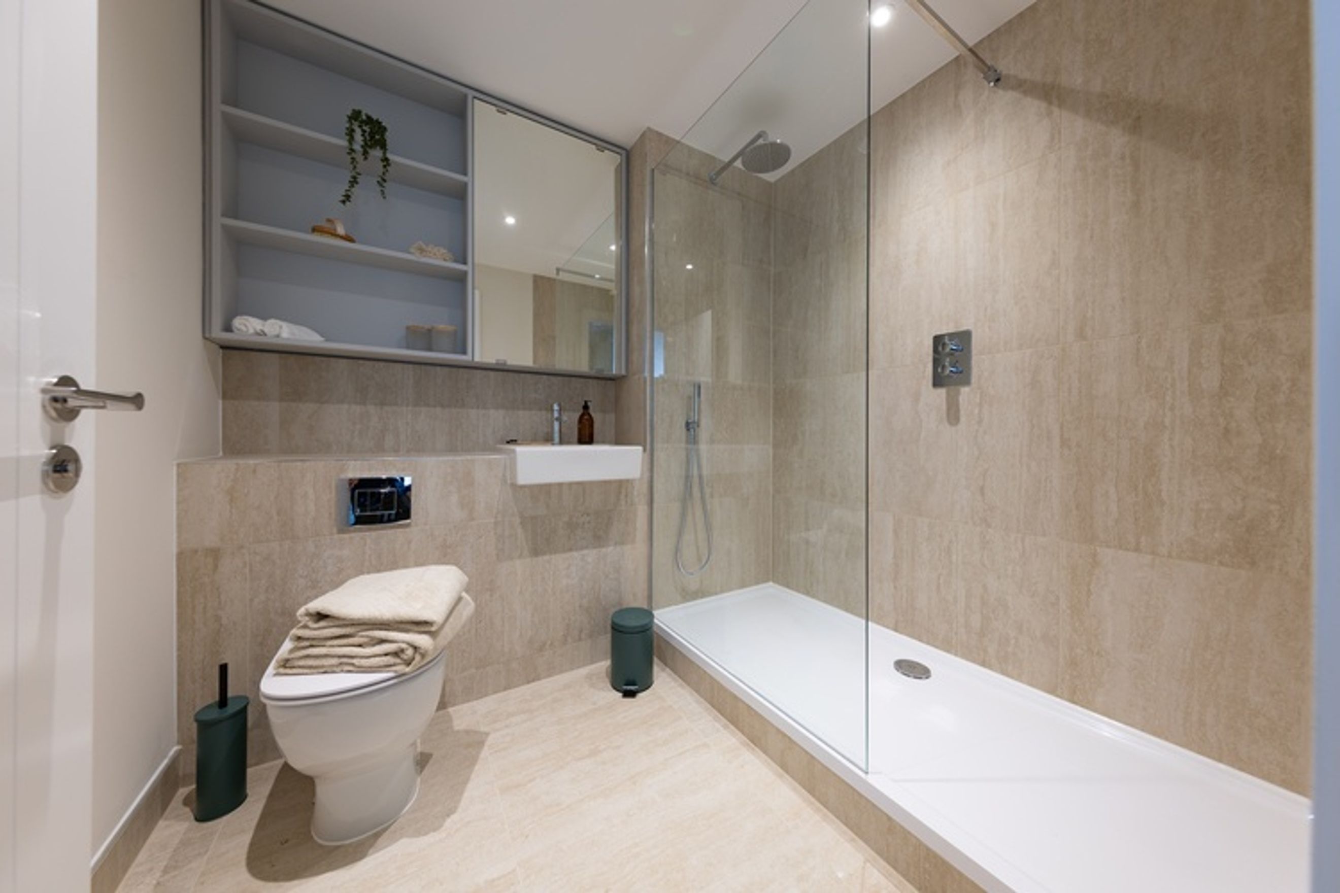 A bathroom with a toilet, a shower, and shelving.