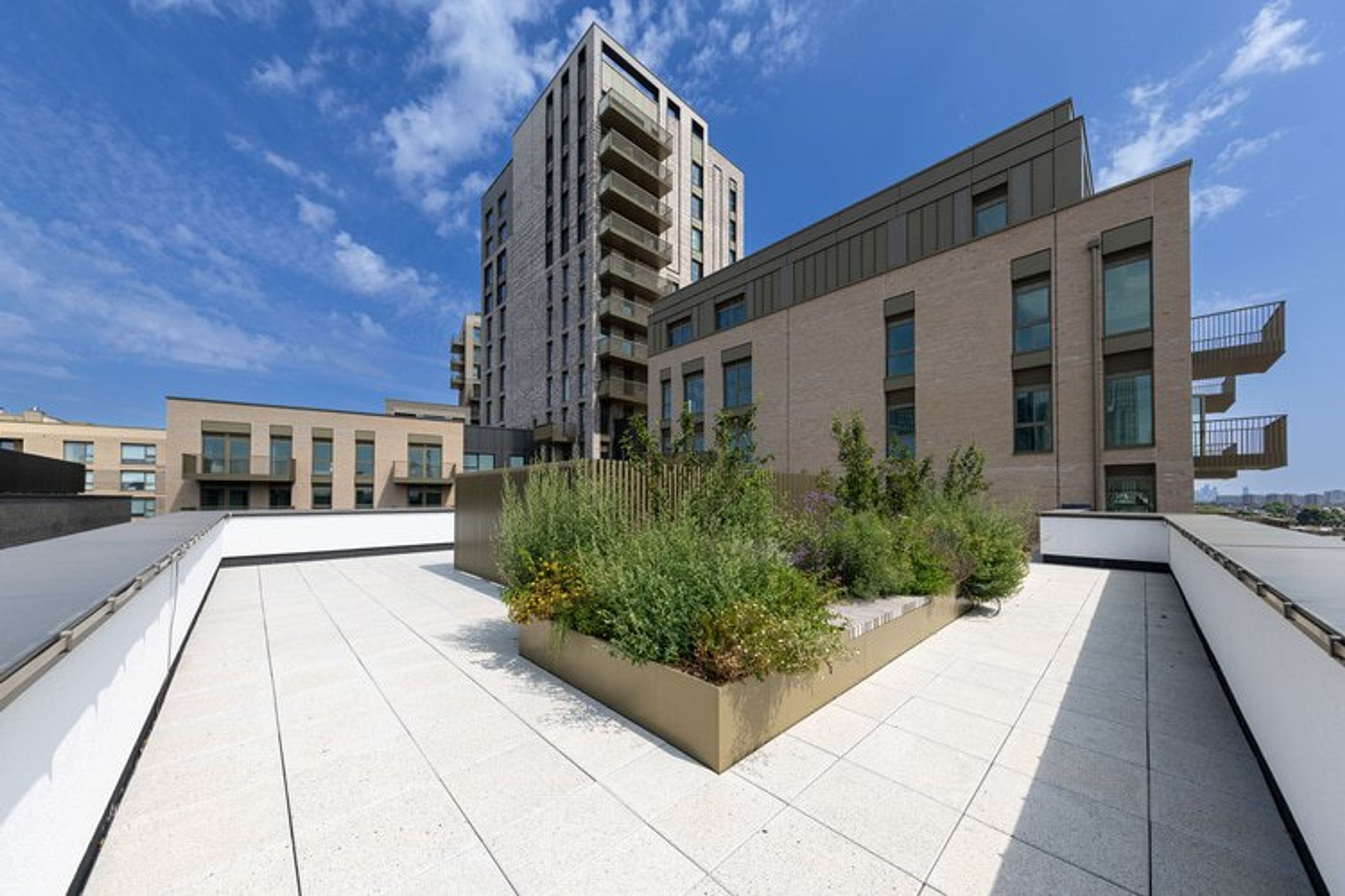 A rooftop terrace with a planter box and surrounding buildings.