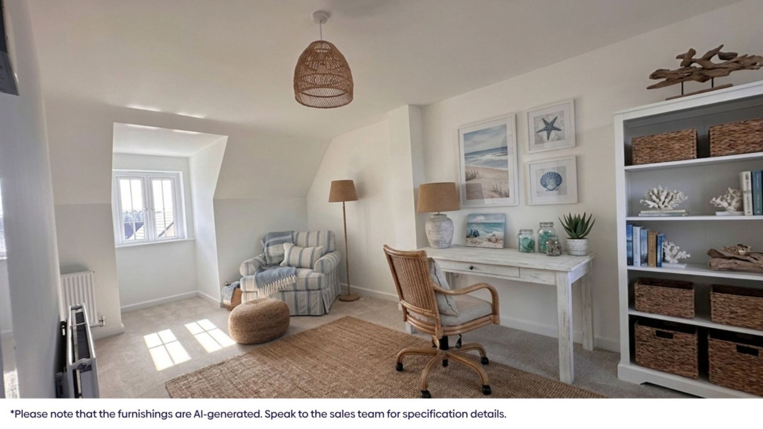 A home office with a desk, chair, armchair, and bookshelf.