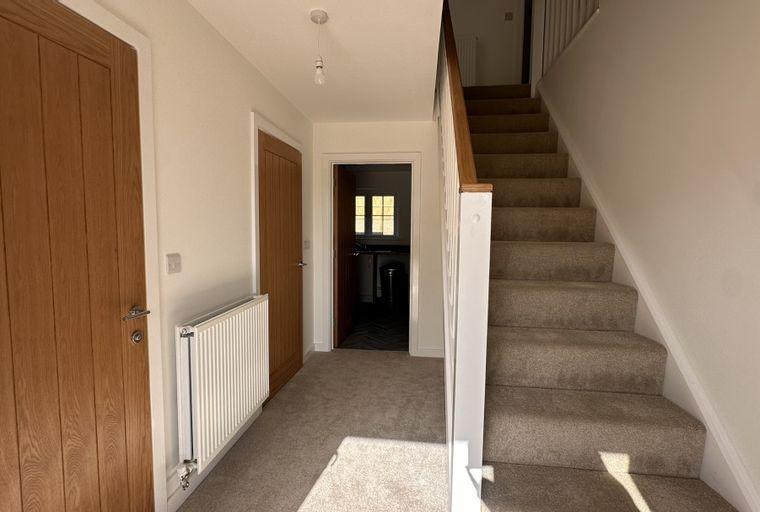 A hallway with a wooden door, a radiator, and carpeted stairs.