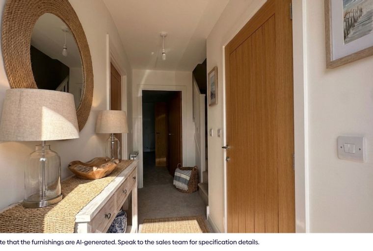 A hallway with a console table, lamps, and a mirror.