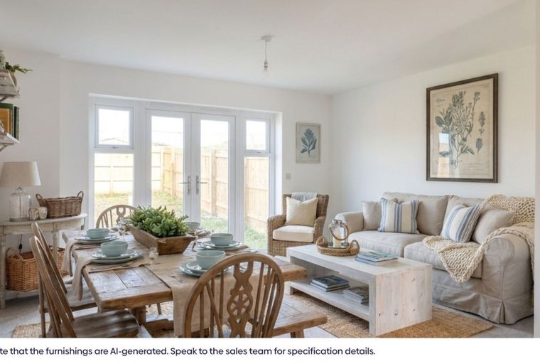 A dining area and living room with a wooden table, chairs, a sofa, and French doors.
