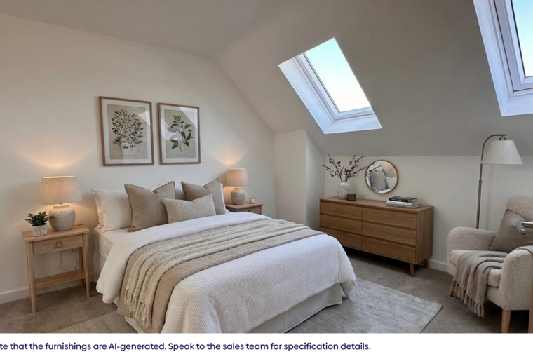 A bedroom with a bed, nightstand, dresser, armchair, and skylights.