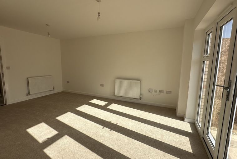 A living room with carpet, radiators, and French doors leading outside.