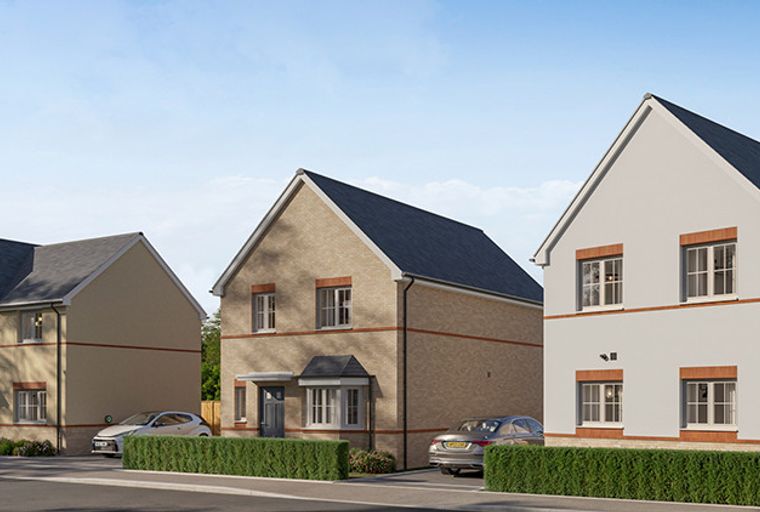 A row of modern houses with pitched roofs and brick accents.