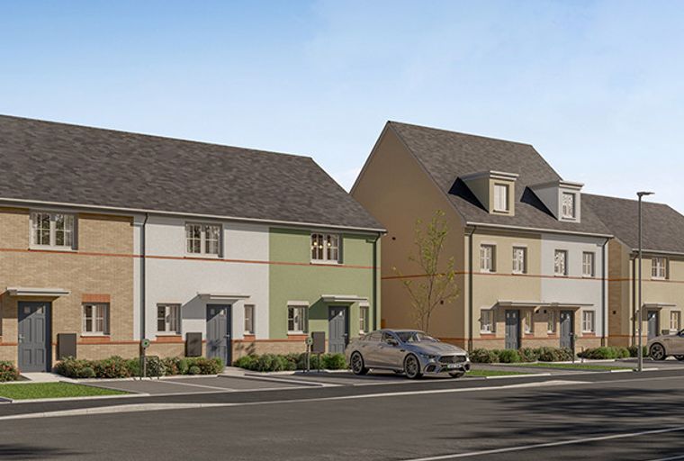 A row of modern houses with brick and painted facades, parked cars, and front gardens.