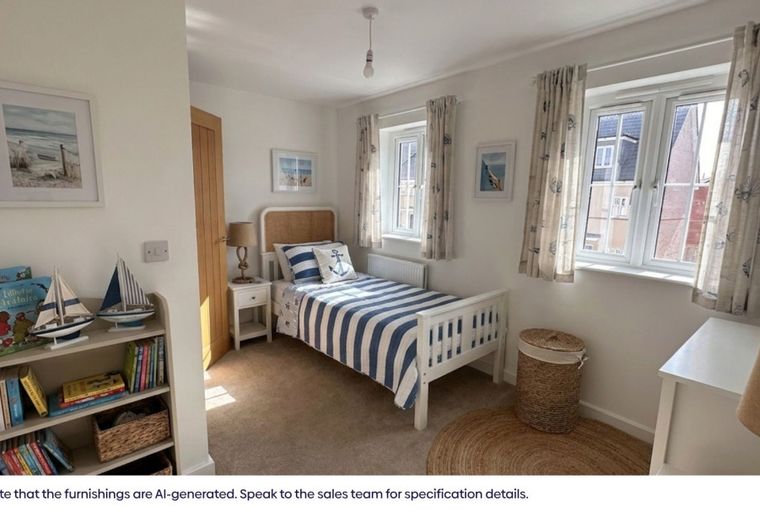 A bedroom with a single bed, bedside table, bookshelf, and two windows.