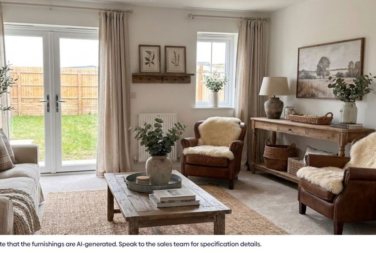 A living room with a sofa, two armchairs, a coffee table, and French doors leading to a garden.
