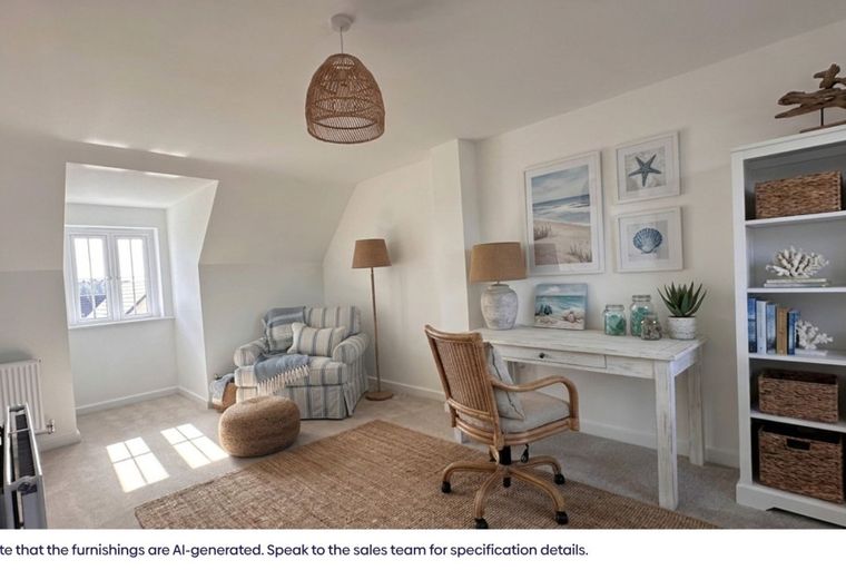 A home office with a desk, chair, armchair, and bookshelf.