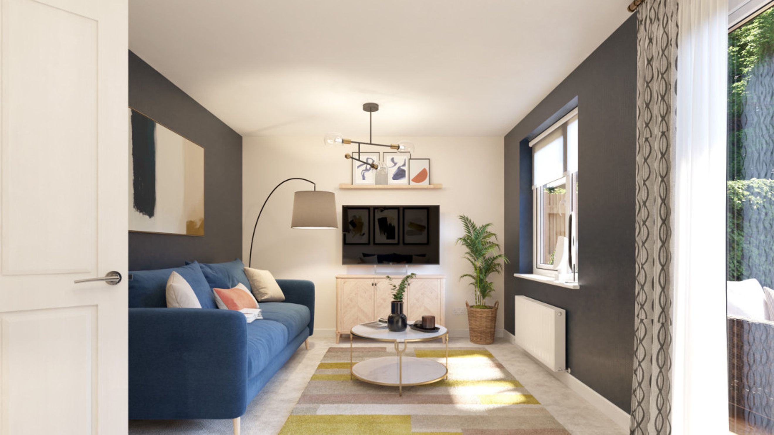 A living room with a blue sofa, television, coffee table, and a large window.