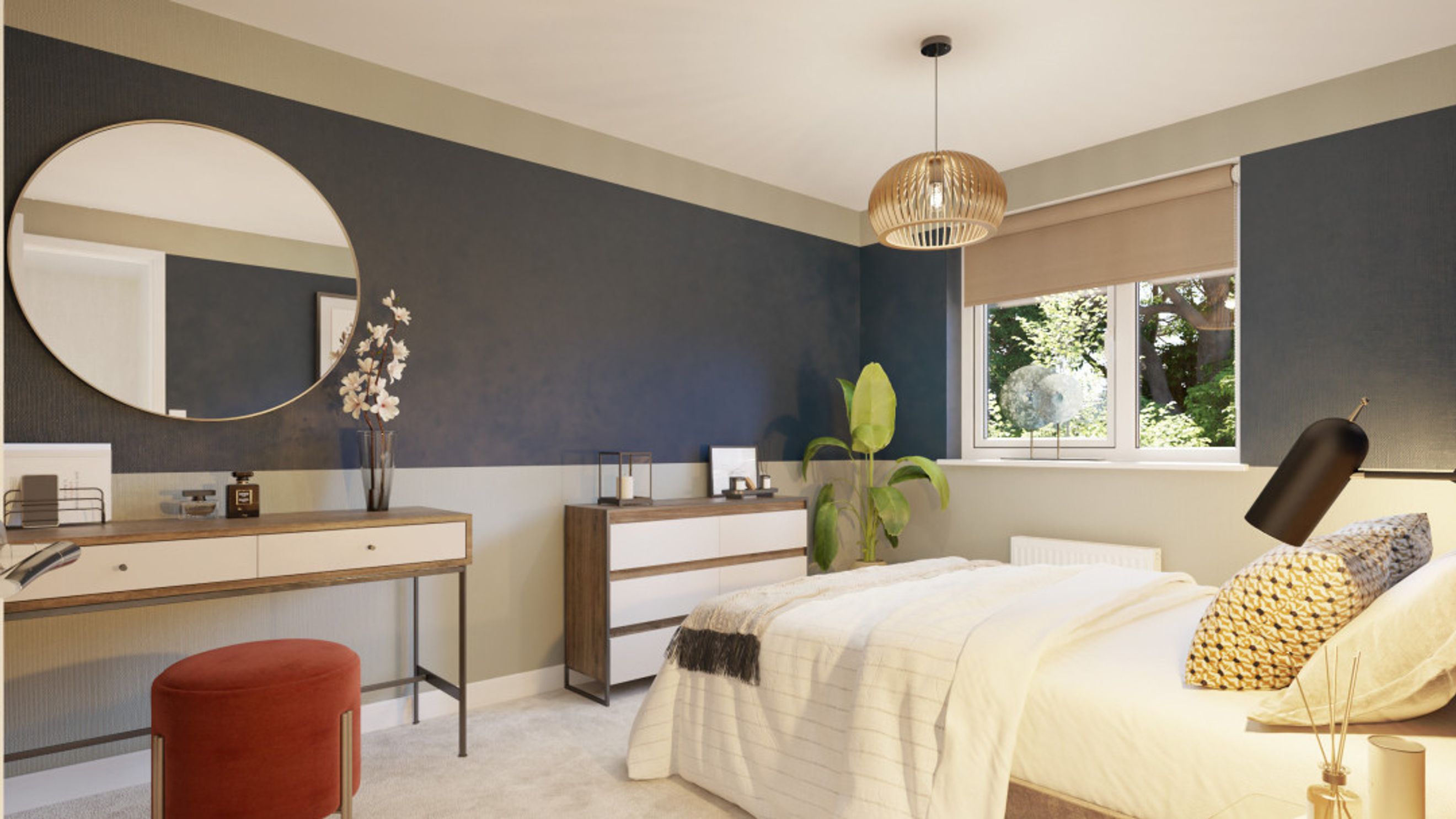 A bedroom with a bed, a dressing table, a mirror, and a chest of drawers.