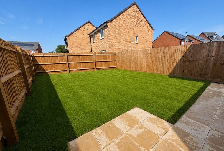A backyard with a freshly mown lawn, a wooden fence, and a paved patio area.