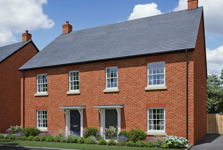 A red brick semi-detached house with white-framed windows and a grey tiled roof, set against a blue sky with clouds.
