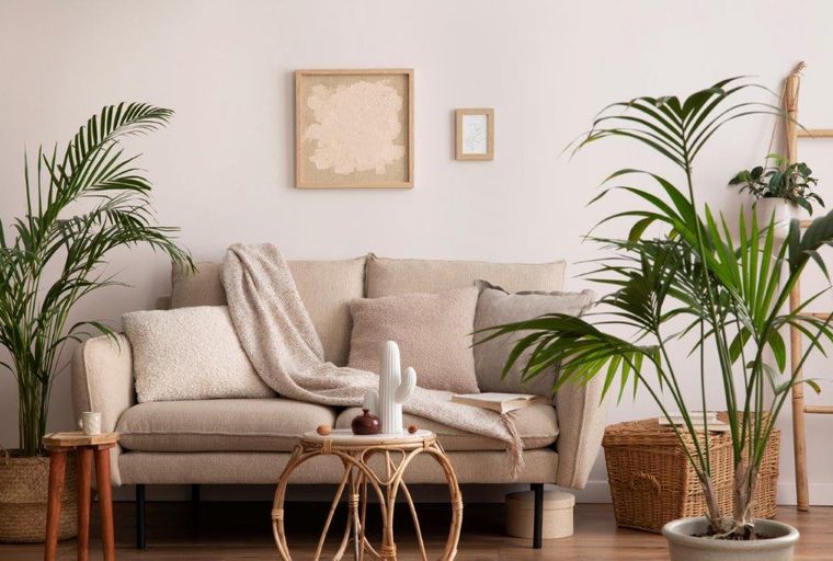 A living room with a sofa, plants, and artwork.