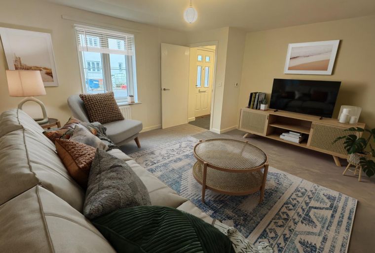 A living room with a sofa, coffee table, rug, and television.
