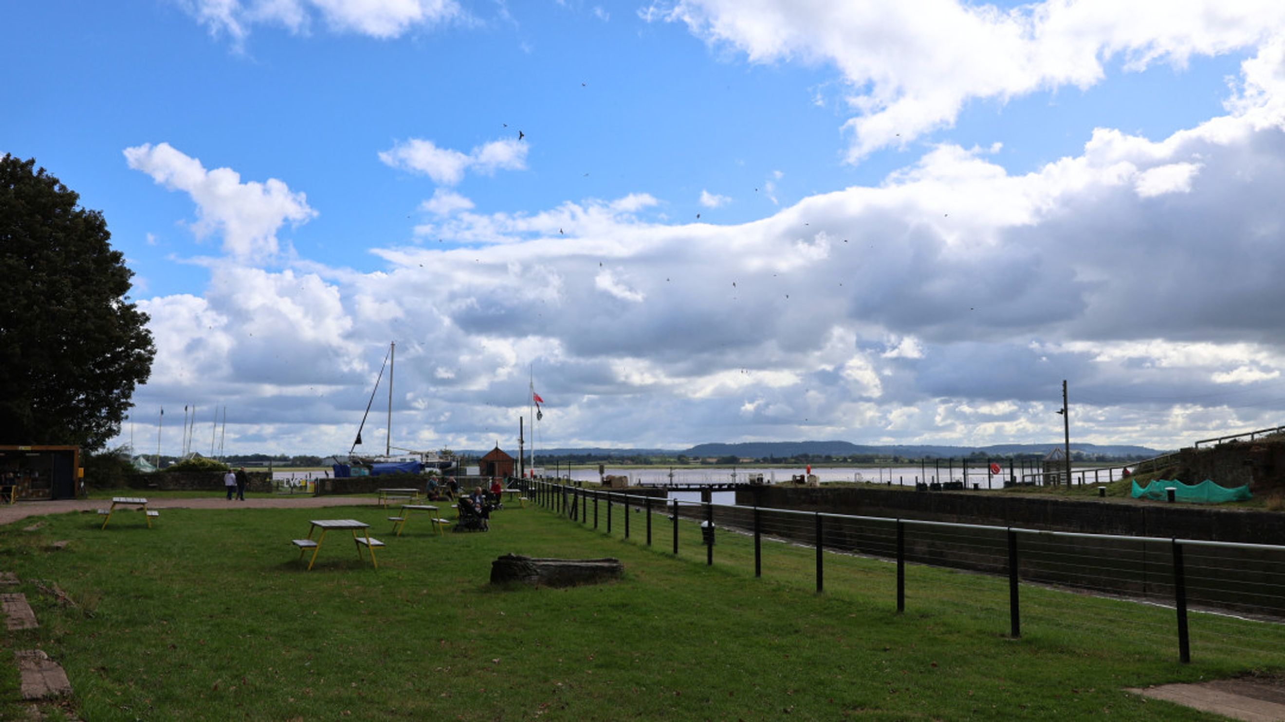 A grassy area with picnic tables and a fence along a body of water with boats and a cloudy sky.