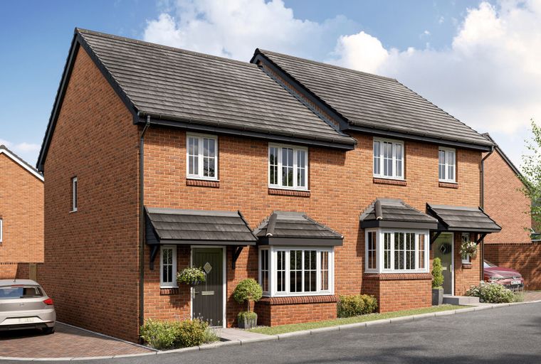 A row of red brick semi-detached houses with bay windows and driveways.