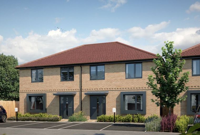 A row of modern brick townhouses with red tile roofs and dark grey windows and doors.